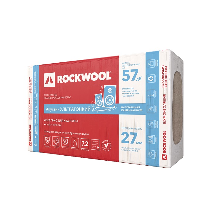 Утеплитель Rockwool Акустик Ультратонкий, 1000х600х27мм (в упак.0,19 м3)