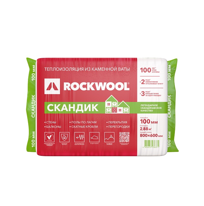 Утеплитель RockWool Лайт Баттс Скандик (0.288 м3/уп) 800х600х100 мм